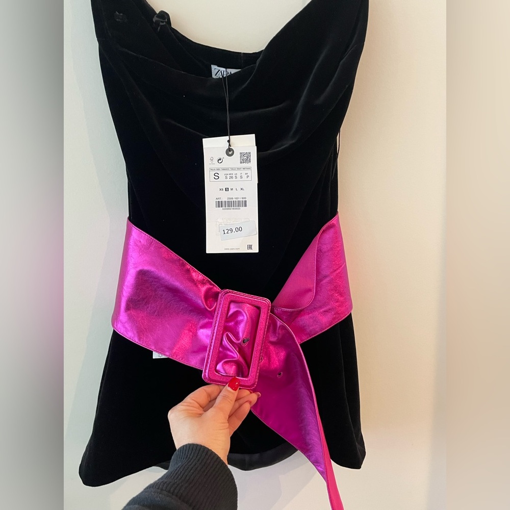 Zara Velvet Black Dress with Pink Belt